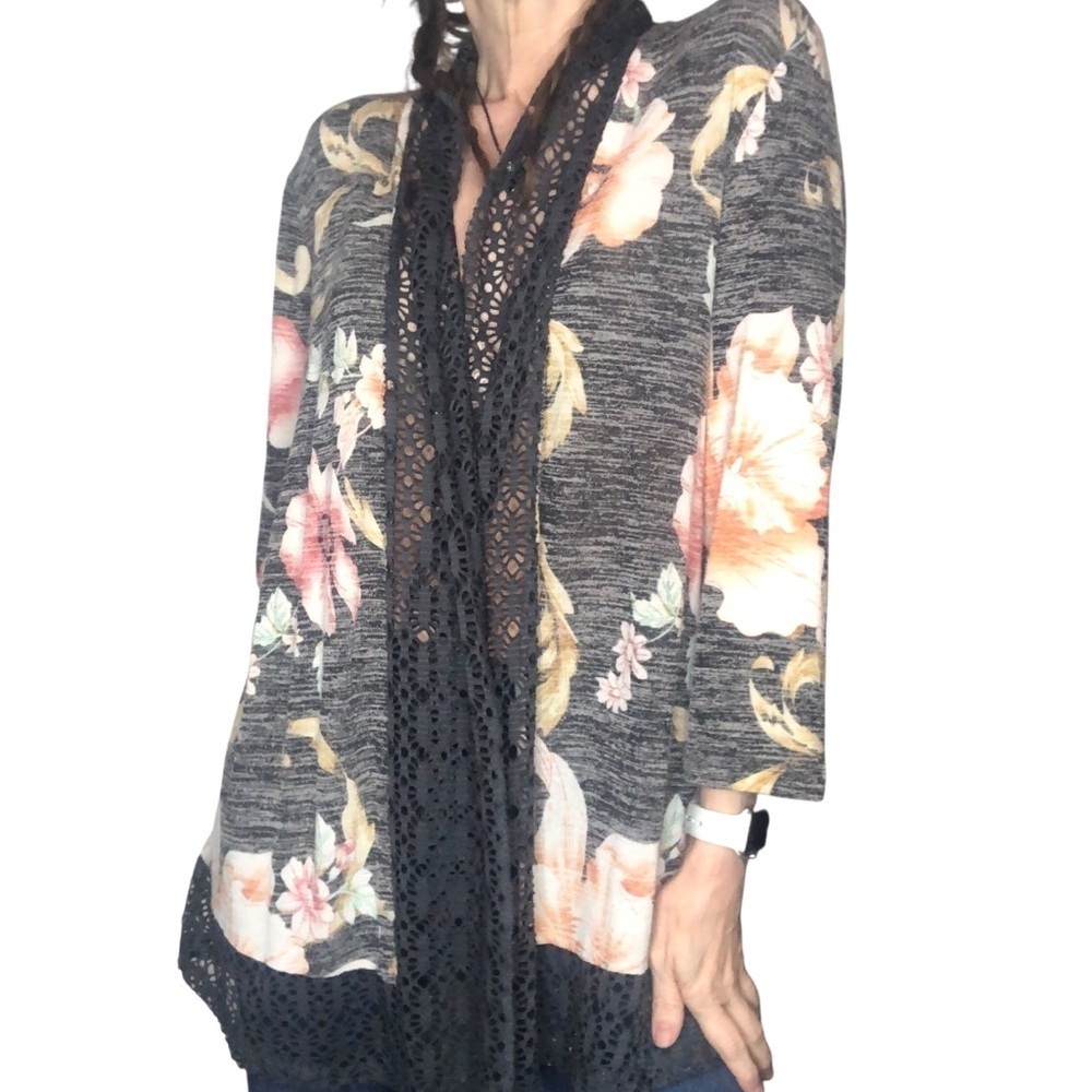 Chicos Sz 2 L Crochet Lace Trim Floral Kimono Boho Festival Feminine Cardigan - Picture 2 of 10